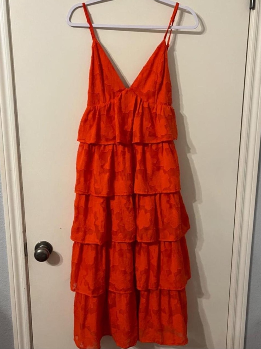 Flying tomato orange ruffle midi dress